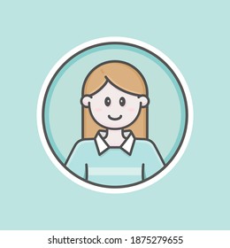 Cute Girl circular avatar illustration with white skin, brown hair and happy face. Cyan sweater, blue background, iconic style, vector line, flat, cartoon. Isolated 100% fully resizable.