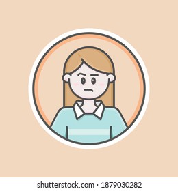 Cute Girl circular avatar illustration with white skin, brown hair and annoyed face. Cyan sweater, orange background, iconic style, vector line, flat, cartoon. Isolated 100% fully resizable.