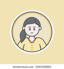 Cute girl circular avatar illustration with white skin, black hair and disappointed face.
Yellow sweater, yellow background, iconic style, vector line, flat, cartoon.
Isolated 100% fully resizable.