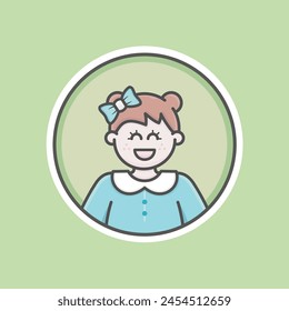 Cute Girl circular fat avatar illustration with white skin, brown hair, blue ribbon and delighted face.
Blue sweater, green background, iconic style, vector line, flat, isolated 100% resizable