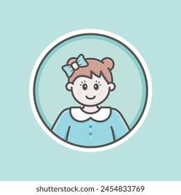 Cute Girl circular fat avatar illustration with white skin, brown hair, blue ribbon and happy face.
Blue sweater, blue background, iconic style, vector line, flat, isolated 100% resizable
