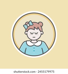 Cute Girl circular fat avatar illustration with white skin, brown hair, blue ribbon and disappointed face.
Blue sweater, yellow background, iconic style, vector line, flat, isolated 100% resizable