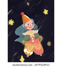 Cute girl in circus costume holding a star and flying in the starry sky.Creative picture book illustrations.Vector illustration in watercolor style for kids.