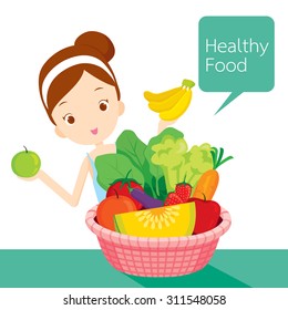 Cute girl with clean foods basket, organic, nutrition, medicine, mental and physical health