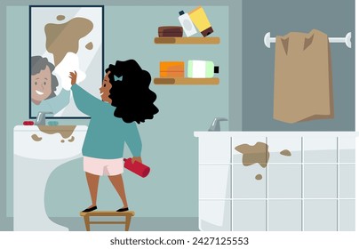 Cute girl cleaning bathroom mirror with rag standing on a stool. Kid washing toilet, wipe dust in bathroom. Cartoon children cleaning duty, housework chores