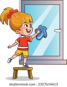 cute girl cleaning. children wiping glass vector illustration