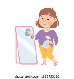 Cute Girl Cleaning Mirror Using Cleaner Sprayer, Kid Helping her Parents with Housework or Doing Household Chores Cartoon Style Vector Illustration