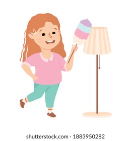 Cute Girl Cleaning Using Feather Duster, Kid Helping her Parents with Housework or Doing Household Chores Cartoon Style Vector Illustration