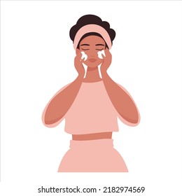 Cute girl cleanse face as a step of everyday skin care routine. Beauty procedures to get healthy look and take care of yourself. Vector illustration isolated on white background. 