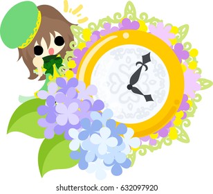 A cute girl and a clock of hydrangeas