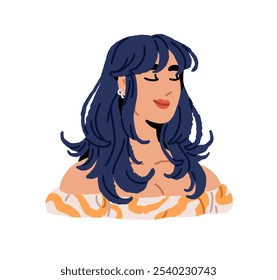 Cute girl with closed eyes and bangs avatar. Portrait of happy teen woman with modern haircut and pretty face. Profile of young smiling female. Flat isolated vector illustration on white background