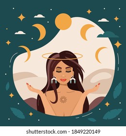 
Cute girl with closed eyes and open palms to the sky. 
Moon phases , clouds and stars. Trendy moonlight  landscape.  Vector illustration