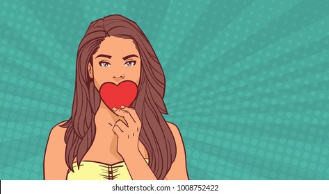 Cute Girl Closing Mouth With Red Heart Love Symbol Over Comic Pop Art Background Valentines Day Concept Vector Illustration