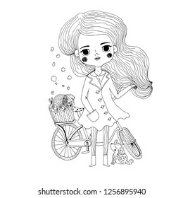 Cute girl in a coat with a bicycle /Print for the adult coloring book/ Portrait of a beautiful girl / Coloring page/Vector illustration isolated on white background.