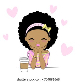 Cute girl with coffee cup day-dreaming in cafe. Cartoon stylized character isolated on white background.