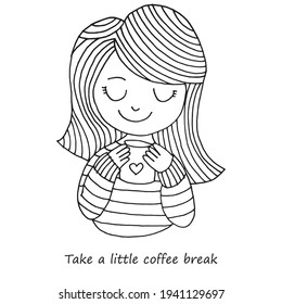 Cute girl with coffee cup. Vector illustration. Winter girl and cup of coffee.