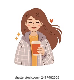 Cute girl with coffee in hands. Happy woman enjoys drink cup of coffee or tea. Hygge concept vector flat illustration