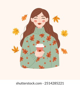 Cute girl with coffee in hands. Hygge concept vector flat illustration