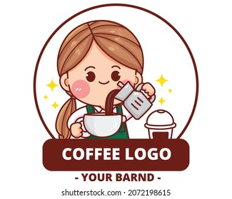 Cute girl coffee shop logo hand drawn cartoon art illustration