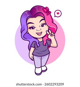 Cute Girl Colorful Hair With Peace Hand Sign Cartoon Vector Icon Illustration. People Fashion Icon Concept Isolated Premium Vector. Flat Cartoon Style