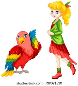 Cute girl and colorful parrot illustration
