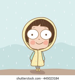 Cute girl with colorful raincoat among the rain,Illustration.