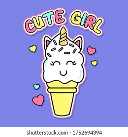 CUTE GIRL COLORFUL TEXT, ILLUSTRATION OF A UNICORN ICE CREAM WITH HEARTS