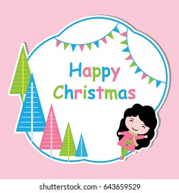 Cute girl and colorful Xmas tree frame vector cartoon, Xmas postcard, wallpaper, and greeting card, T-shirt design for kids