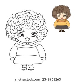 Cute girl for coloring book. Cute doll toy as coloring page for children education. Vector illustration.
