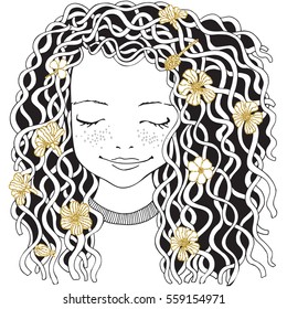 Cute girl. Coloring book page for adult. Hand drawn baby girl with long curly hair and gold flowers. Black and white.  Spring flowers. Golden glitter texture. Line art.