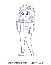 Cute girl for coloring book.Girl holding a box with a gift.Line art design.Isolated on white background.Vector illustration