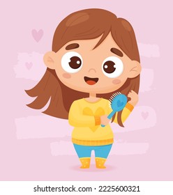 Cute girl combing her hair with comb. Care and beauty concept. Vector illustration in cartoon style for design, decor, print and kids collection, postcards and cover