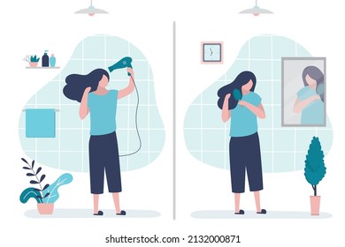 Cute girl combing her long black hair after washing. Female character dries hair with dryer. Bathroom interior design. Morning routine. Woman doing styling at restroom. Flat vector illustration