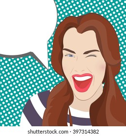 cute girl in comics style. pop art woman blinking. vector illustration