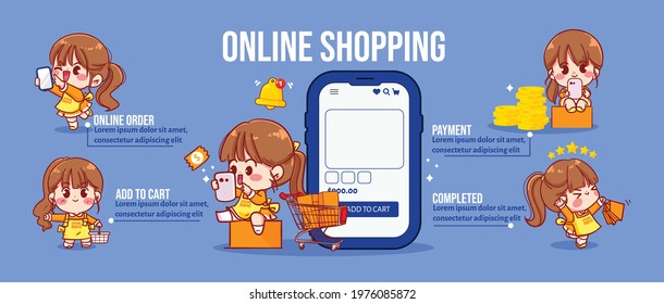 Cute Girl In Concept  Shopping Online Infographic Cartoon Art Illustration