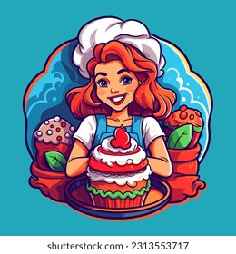 Cute girl confectioner smiling decorates a baked cake. Cartoon vector illustration. isolated background, label, sticker