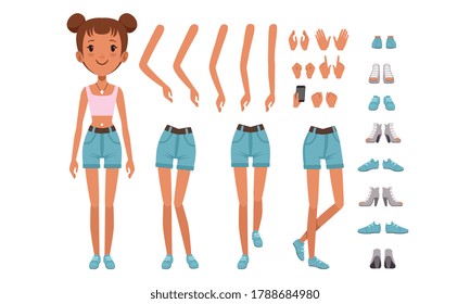 Cute Girl Constructor for Animation, Front View of Pretty Female Character in Various Poses, Separate Girl Body Parts Collection Cartoon Style Vector Illustration