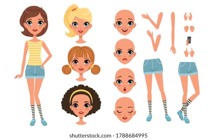 Cute Girl Constructor for Animation, Front View of Female Character in Various Poses and Hairstyles, Separate Girl Body Parts Collection Cartoon Style Vector Illustration