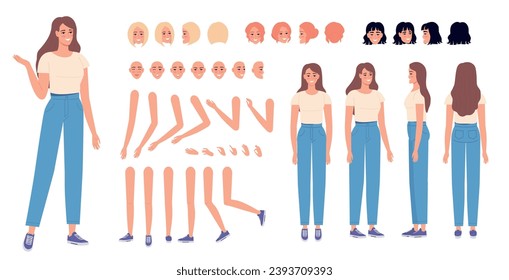 Cute girl constructor. Vector set  elements for creating a modern female character