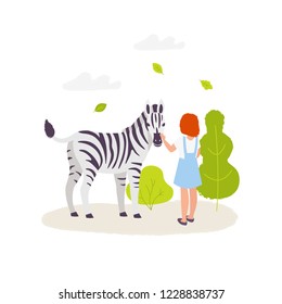 Cute girl contacting with the zebra. Colorful vector illustration in flat cartoon style. Zoo park elements isolated on white background. Infographic elements.