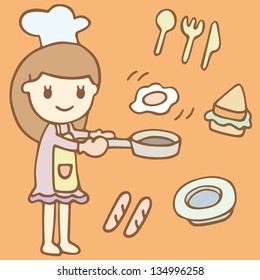 Cute Girl Cooking Breakfast, Cartoon Illustration