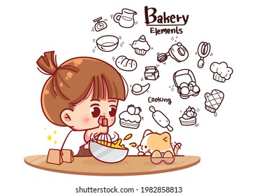 Cute girl cooking in kitchen and bakery doodle elements cartoon art illustration