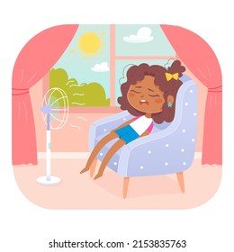 Cute girl cooling in summer heat vector illustration. Cartoon funny kid sitting in home armchair near blowing electric fan to enjoy cool fresh air. High temperature problem, exhaustion concept