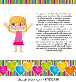 cute girl with copy space and  hearts frame. vector illustration