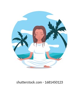 Cute girl in costume meditating at beautiful beach with colorful sky. Healthy lifestyle for beautiful women. Online yoga at home. Web banner for webpage, advertising, background. Vector flat illustrat