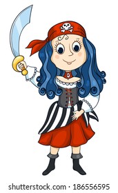 The cute girl in a costume of the pirate. Isolated on white. Vector sketch illustration.
