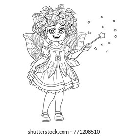 Cute girl in the costume of a spring fairy with magic wand outlined isolated on a white background