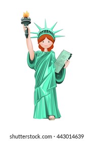 Cute girl in costume Statue of Liberty. Red-haired girl dressed as the Statue of Liberty with torch. Vector illustration isolated on white background