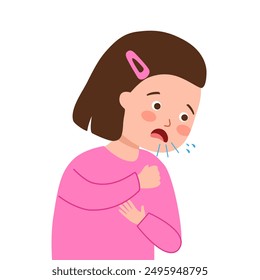 Cute girl is coughing in flat design on white background. Sick kid suffering from sore throat.