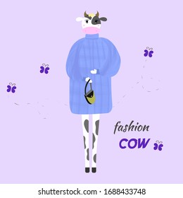 cute girl cow dressed in a fashionable long sweater with a handbag in her hands. Cartoon vector illustration of fashion cow. suitable for t-shirts and other clothes